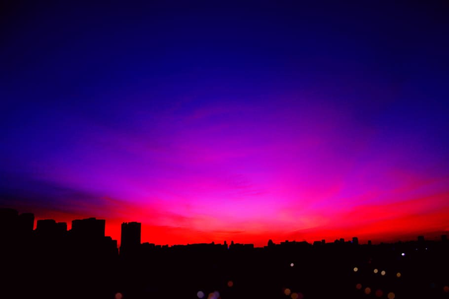 Photo of Blue and Red Skies, art, backlit, blur, buildings, color HD wallpaper