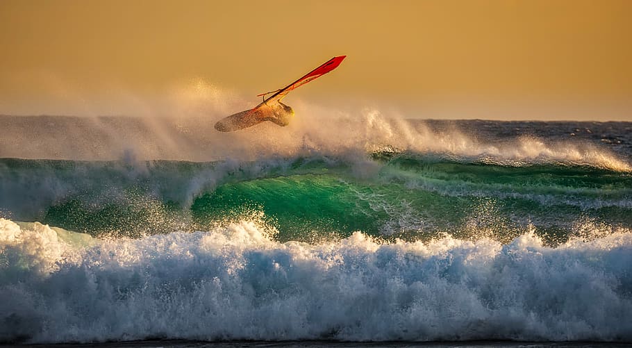 man surfing on top waves, person surfing on body of water, wind surfing HD wallpaper
