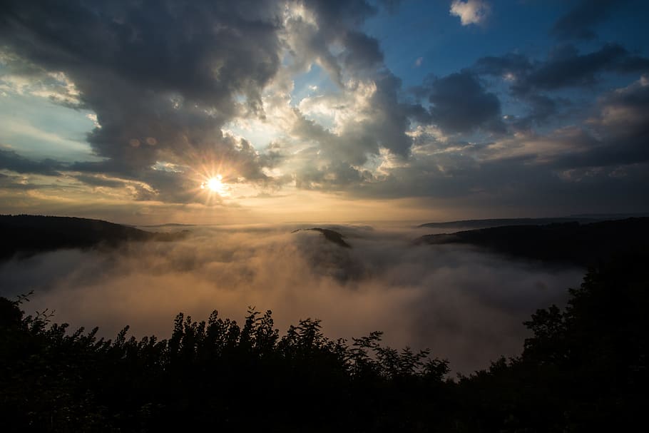 mood, hiking, nature, clouds, blue, mountain, panorama, sky HD wallpaper