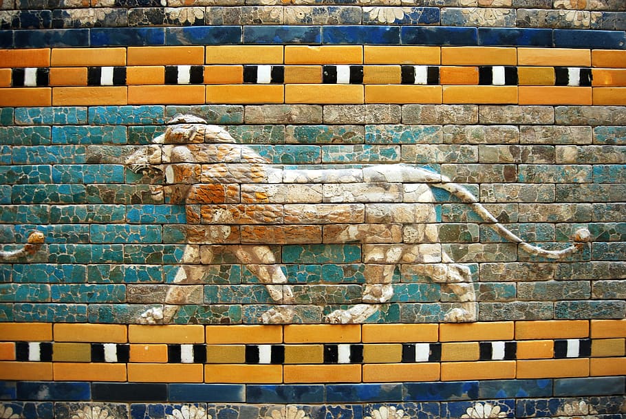 lion wall embossed decor, leo, mosaic, art, museum, berlin, germany, HD wallpaper