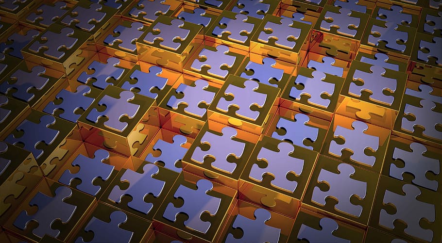 purple jigsaw puzzle pice, cubes, geometry, abstract, glow HD wallpaper