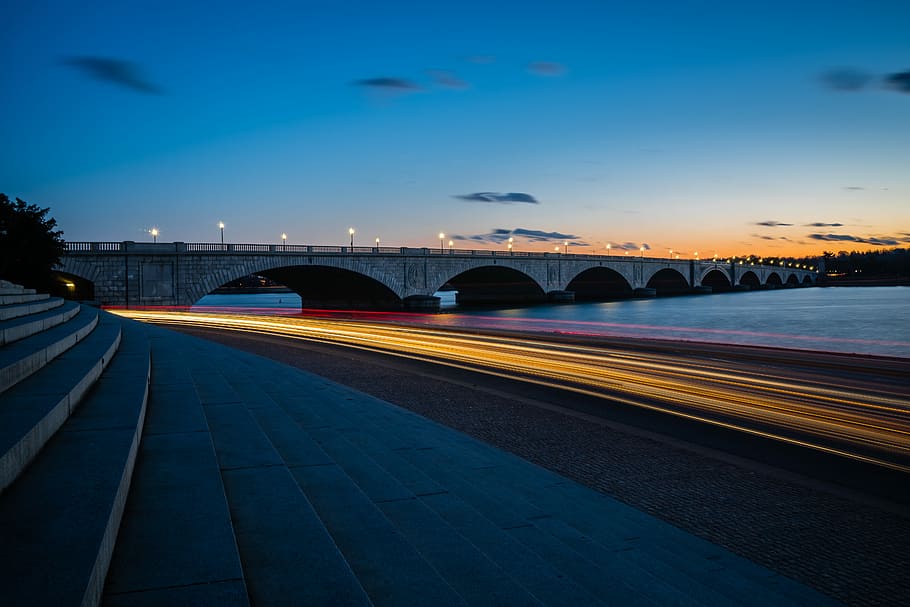 Arlington Memorial Bridge, time-lapse photo of car near body of water and bridge, HD wallpaper