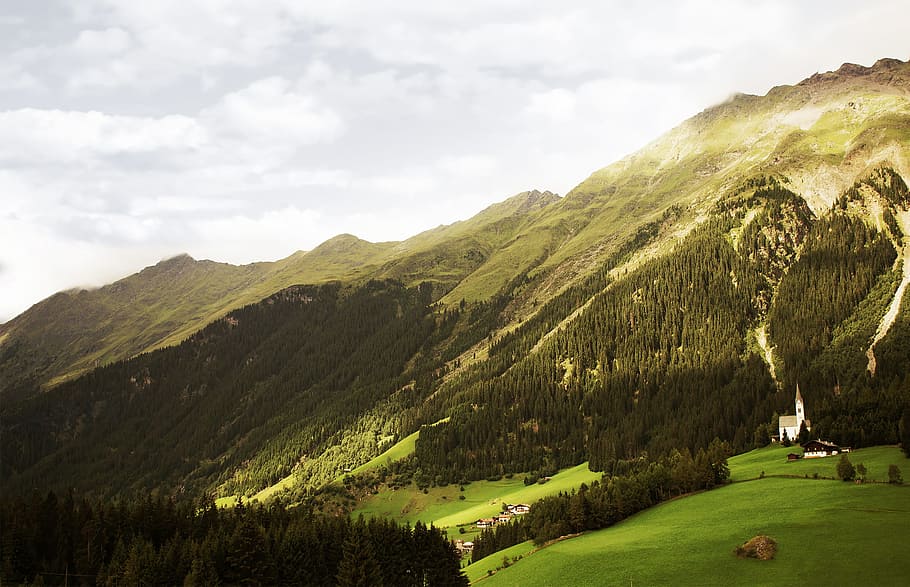 green mountains and trees under white cloudy sky during daytime, landscape photograph of green mountain HD wallpaper