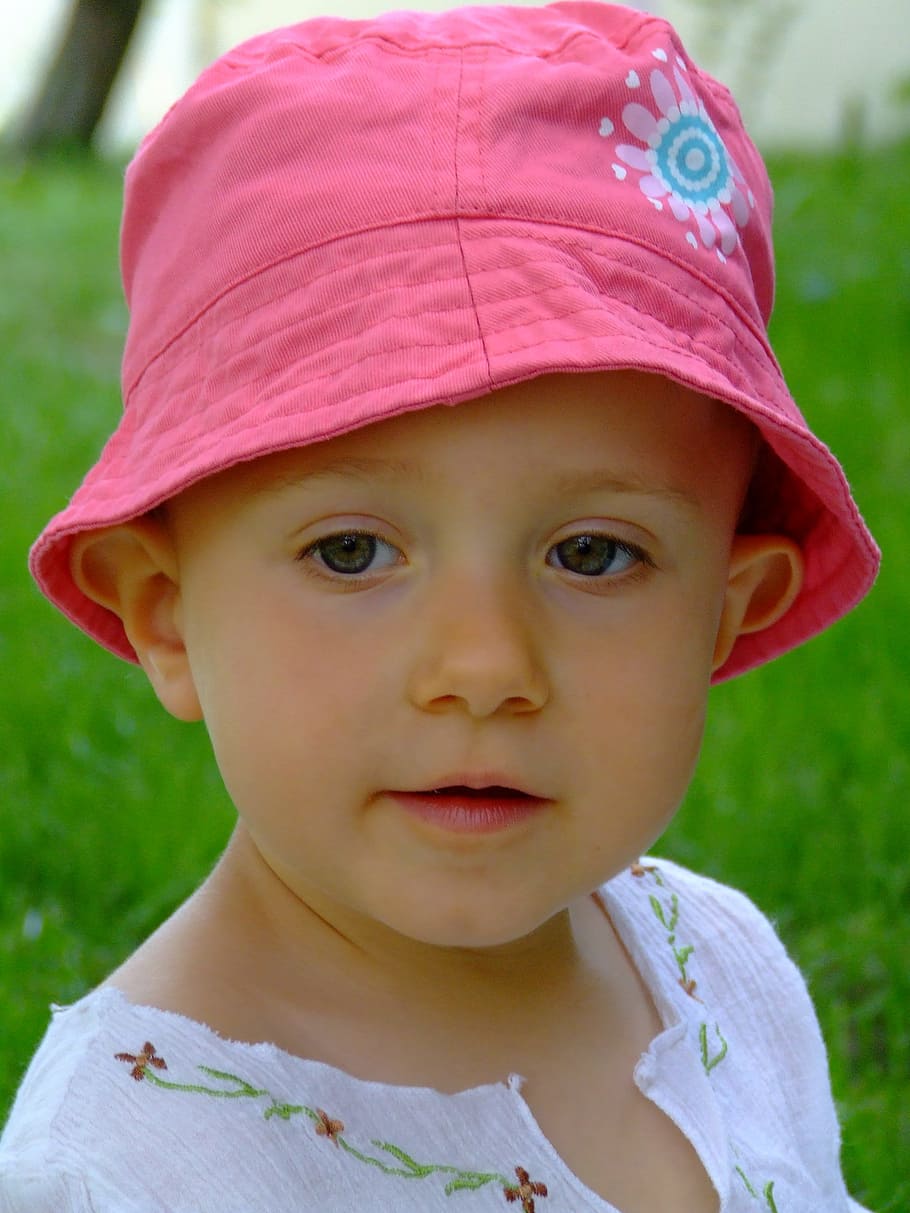 child, pink cap, face, beautiful, childhood, portrait, front view HD wallpaper