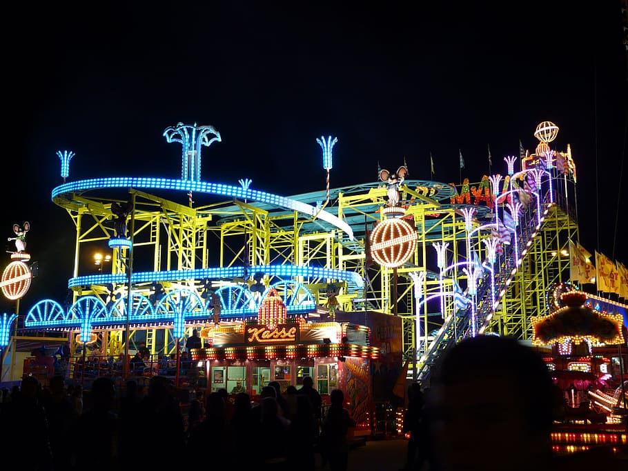 amusement park during nighttime, Ride, Roller Coaster, Folk, Festival, HD wallpaper
