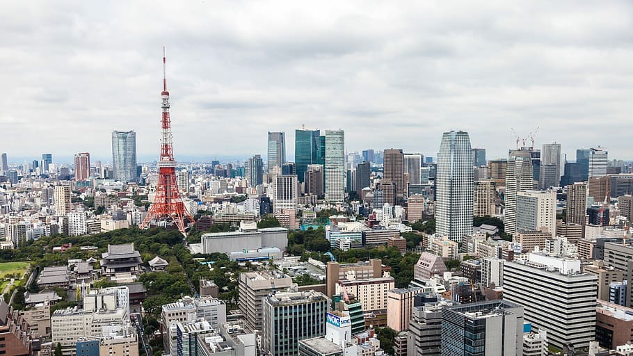 aerial photography of network tower surrounded by skyscrapers, orange and white Tokyo Tower surrounded by high-rise building, HD wallpaper