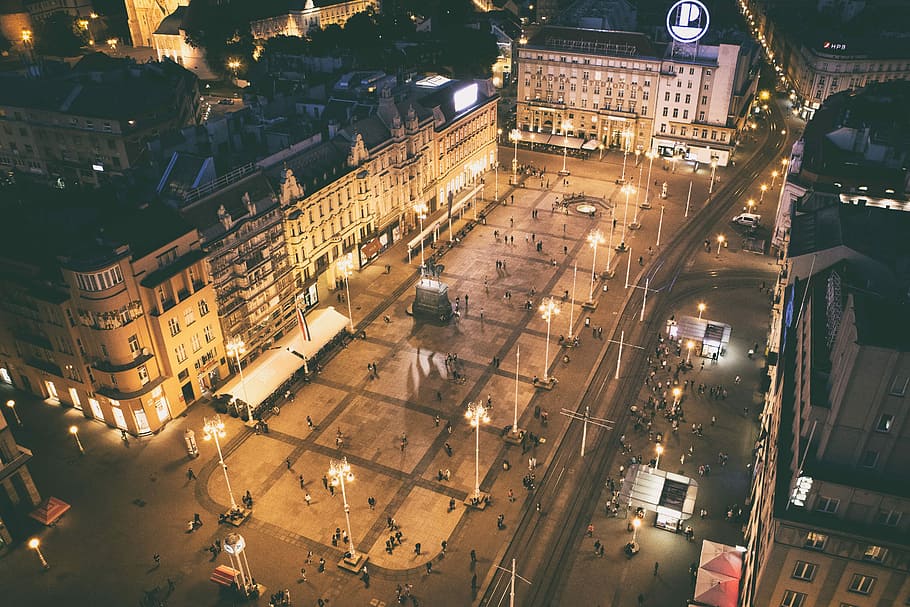 people walking near lighted buildings, bird's-eye view photography of buildings HD wallpaper