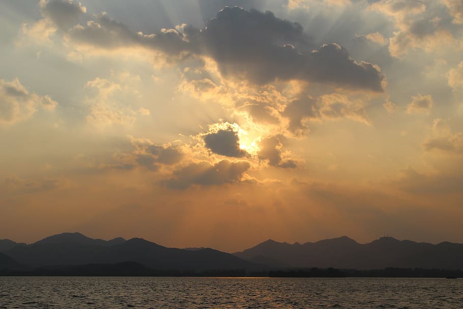 sunset, west lake, cloud, nature, mountain, sky, scenics, summer HD wallpaper