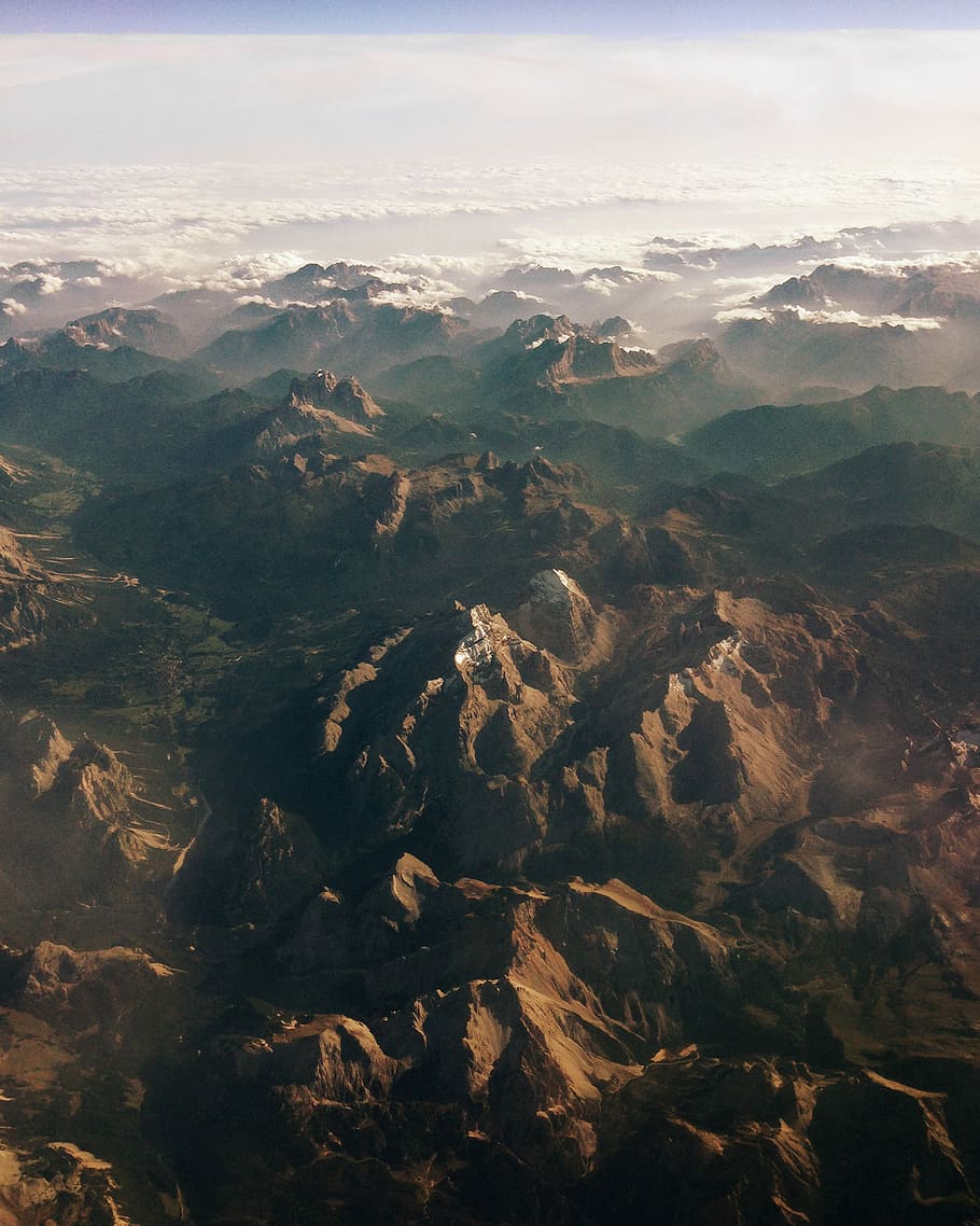 aerial photography of brown mountains, aerial view of mountains HD wallpaper