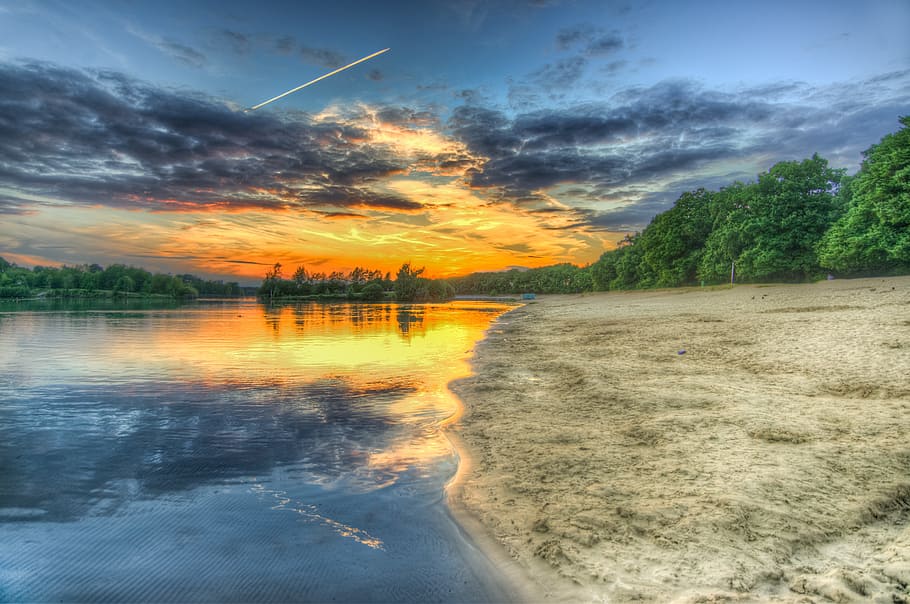 shore and surrounded by trees, Beach, Sand, Sunset, Clouds HD wallpaper