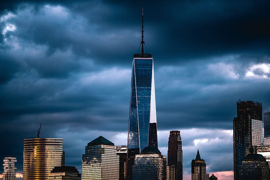 architecture, building, infrastructure, dark, clouds, sky, skyscraper HD wallpaper