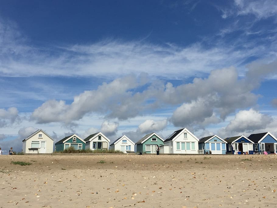 Beach, Calm, Seaside, in a row, sky, built structure, outdoors HD wallpaper