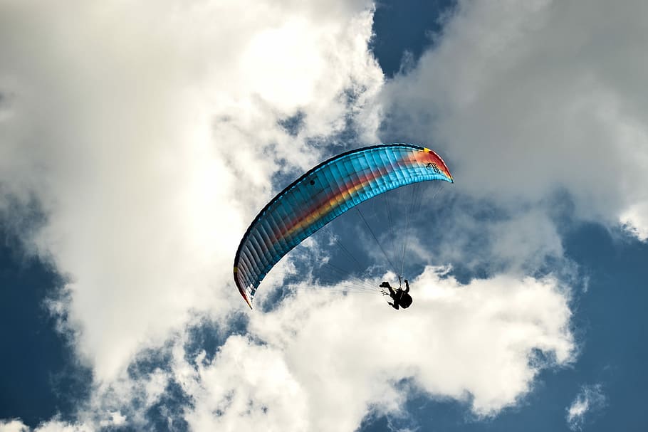 Parachute, Skydiving, Cloud, parachutist, blue, extreme, dom HD wallpaper