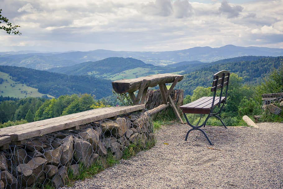 mountains, bench, dining table, view, clouds, holiday, mountain hut HD wallpaper