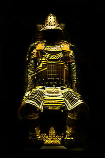 yellow samurai armor, ottoman, gold, statue, armour, gold colored HD wallpaper