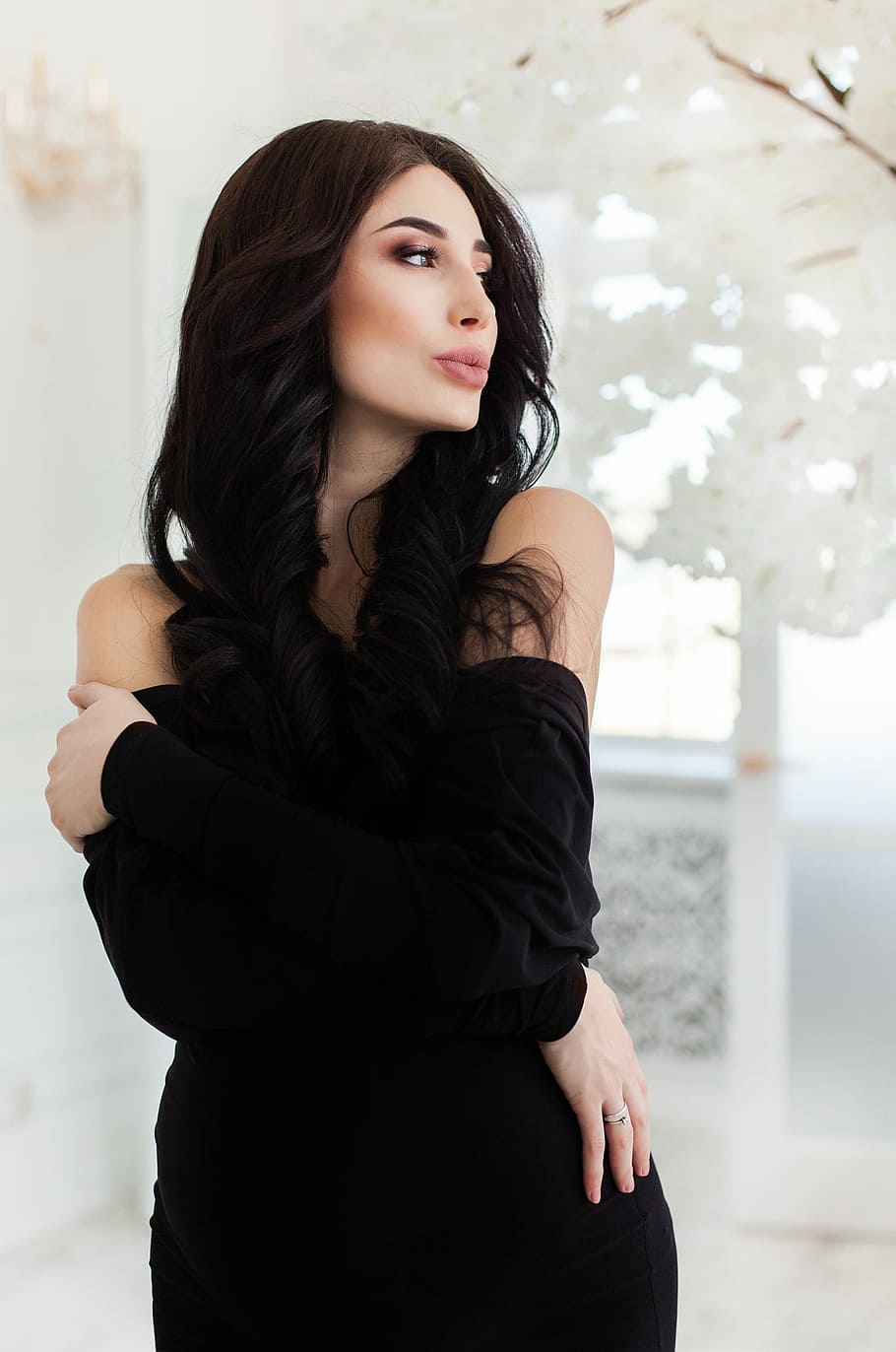woman in black dress pouting lips near white wall, lovely, young, HD wallpaper