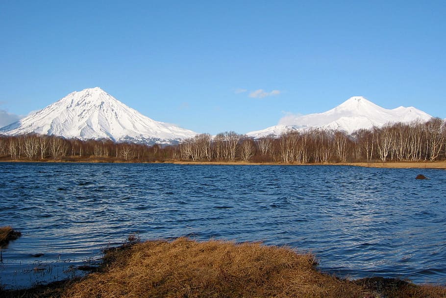 volcanoes, snowy mountains, vertices, lake, autumn, landscape, HD wallpaper