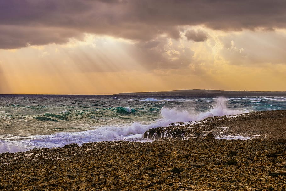 sea wave illustration during sunset, coast, sky, clouds, storm HD wallpaper