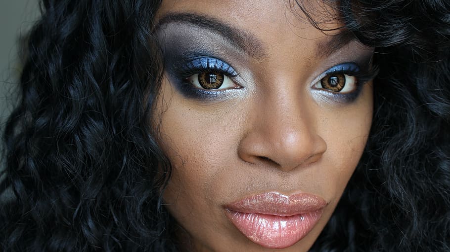 woman wearing blue mascara and pink lipstick, makeup, eyes, glamour