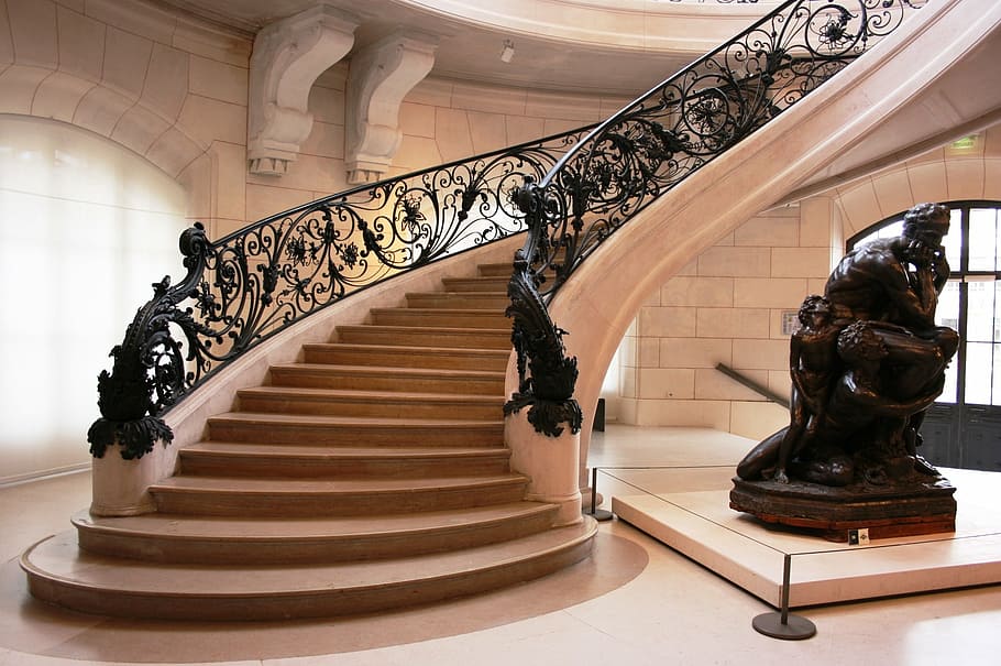 brown staircase, art nouveau, petit palais, paris, france, architecture, HD wallpaper