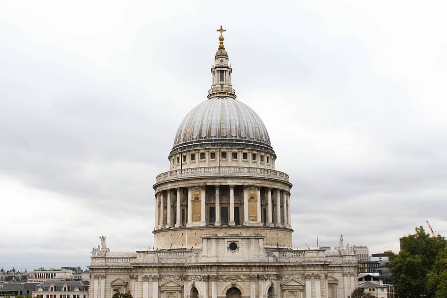 gray cathedral under white sky, beige concrete cathedral with dome under gray clouds at daytime HD wallpaper