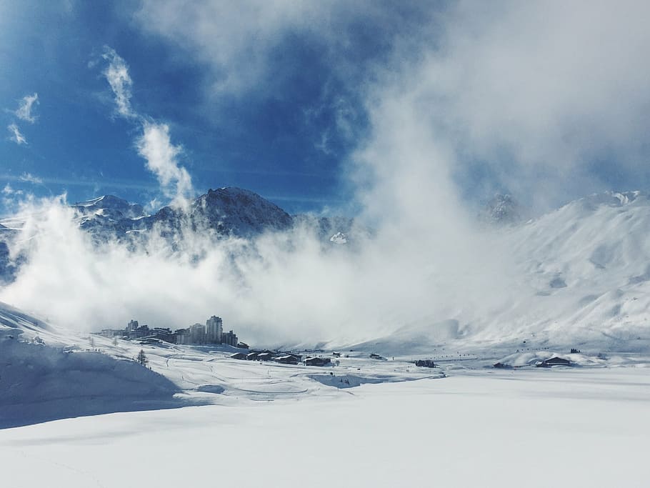 snow-covered mountain under clouds, mountains, landscape, cold HD wallpaper