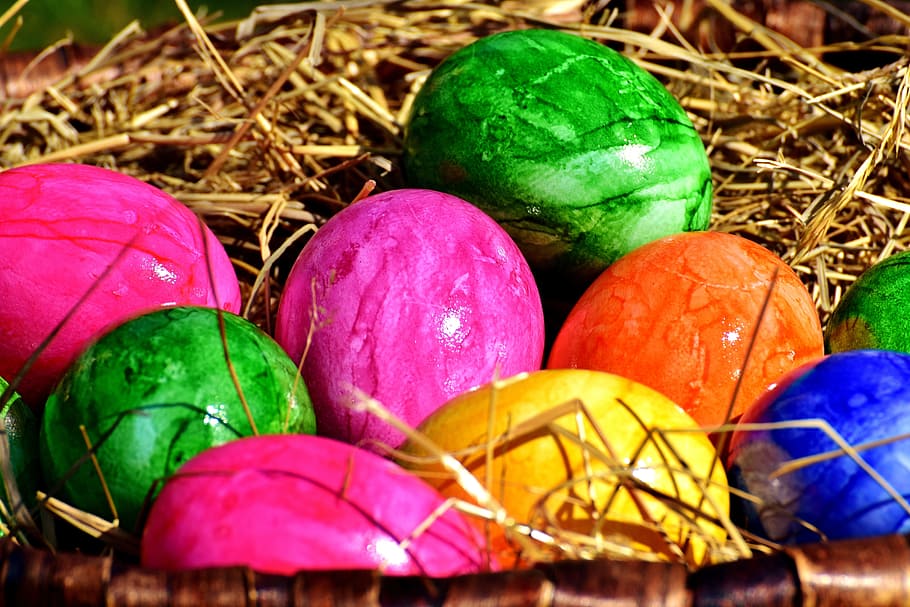 egg, colored, colorful, easter, easter eggs, easter nest, happy easter HD wallpaper