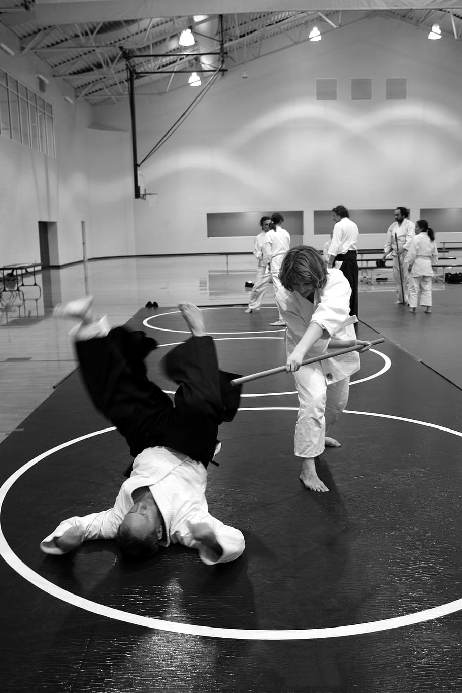 grayscale photography of woman holding stick, aikido, martial arts, HD wallpaper