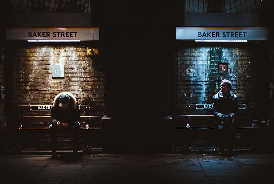 two men sitting on Baker Street, man sitting on bench at baker street, HD wallpaper