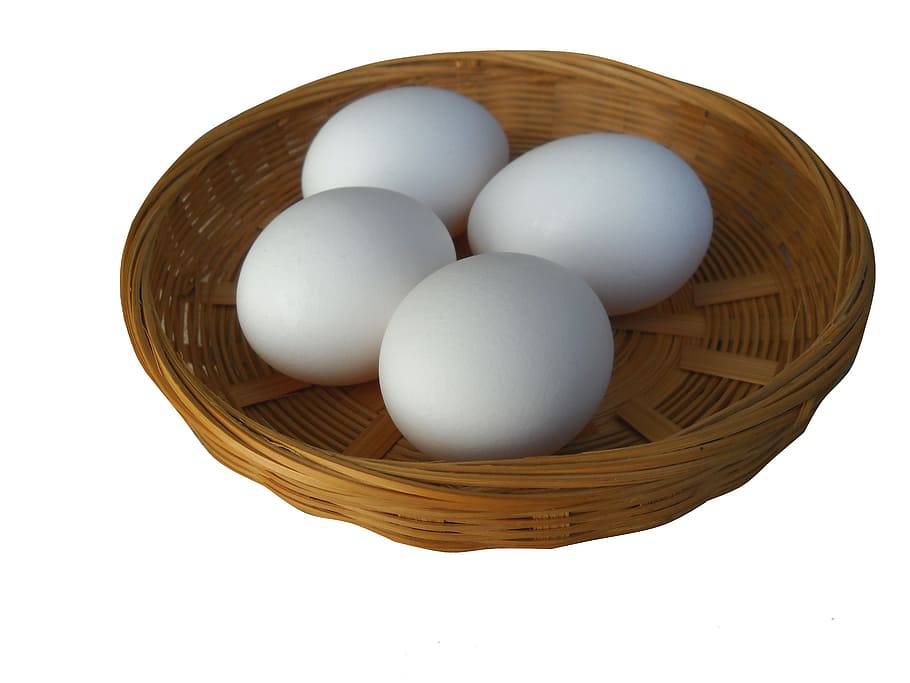four eggs on round woven trey, food, breakfast, basket, still HD wallpaper