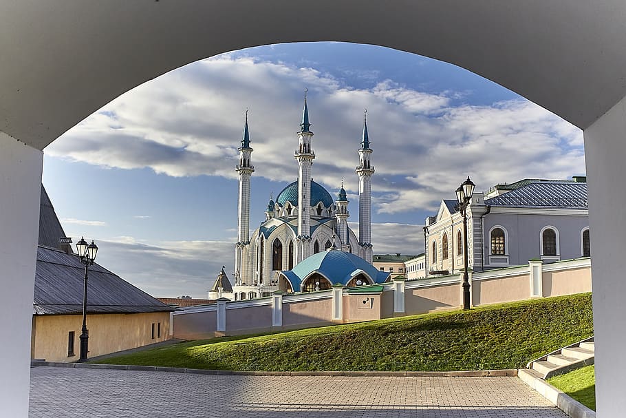 Blue Mosque near building, kazan, kul-sharif, russia, the kremlin