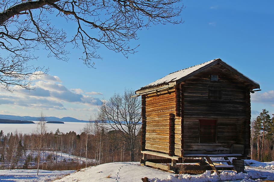 snow, winter, cold, beautiful, red, traditional, wood, cottage HD wallpaper