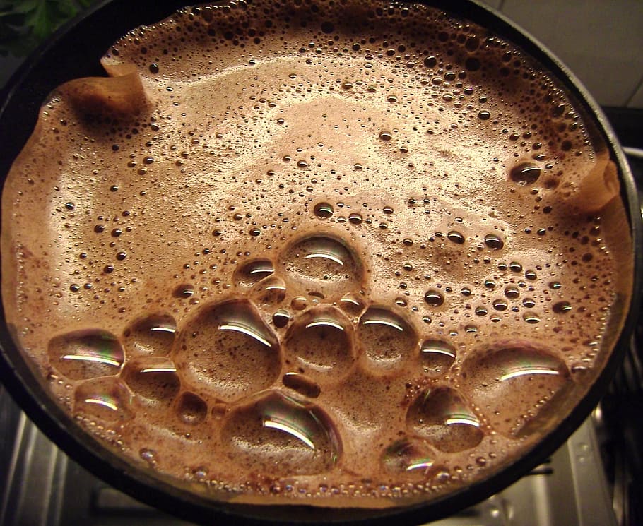 container with brown bubbling liquid, coffee, coffee beans HD wallpaper