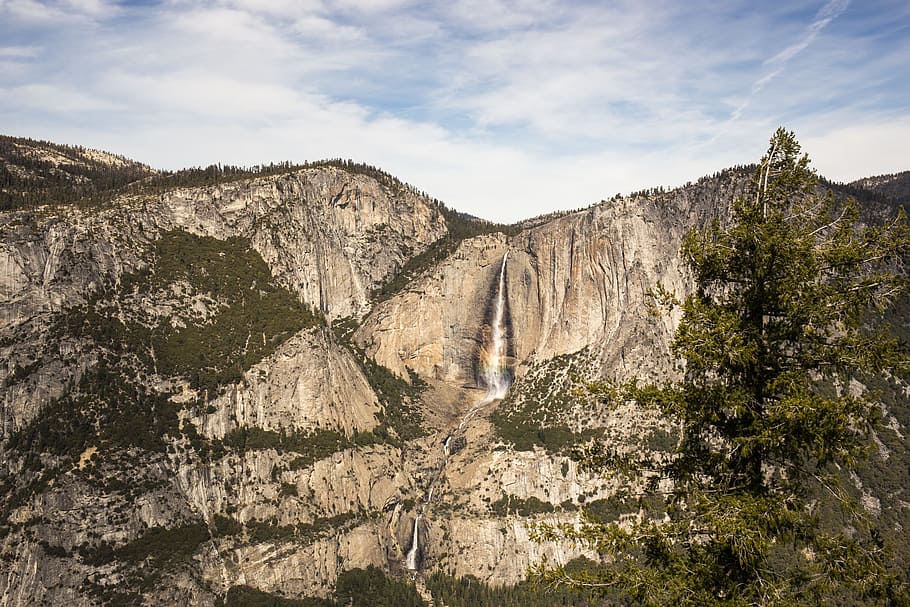 aerial photography of falls, waterfall, stream, view, nature HD wallpaper