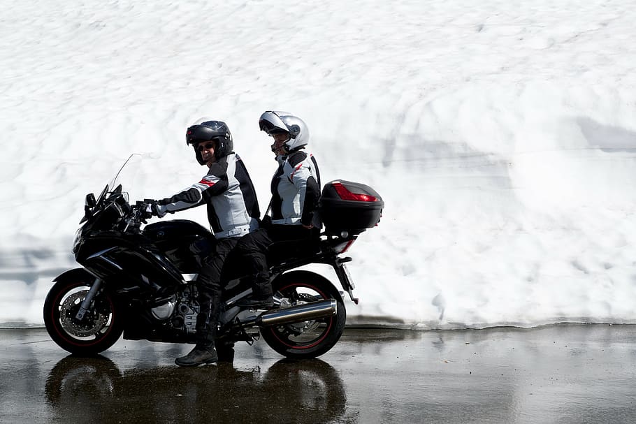 two men on motorcycle, motorcycle team, driver, pillion, snow, HD wallpaper