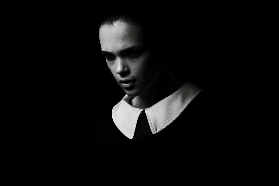 man wearing black and white shirt, fashion, portrait, dark, evil