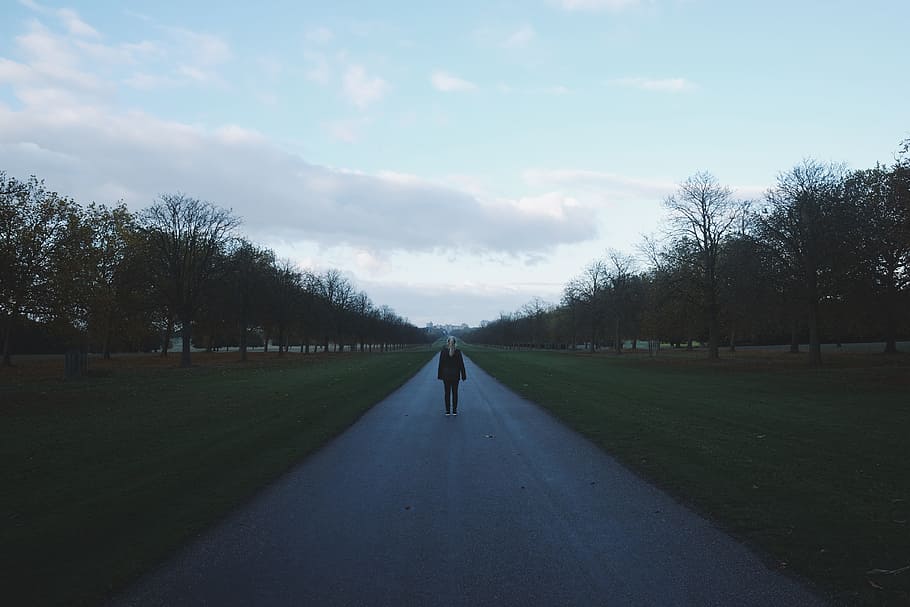 green, grass, lawn, dark, road, path, street, people, woman HD wallpaper