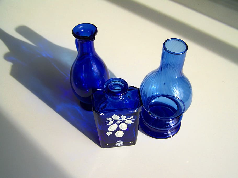 Blue Glass Objects, Light Shadow, ornaments, bottle, indoors HD wallpaper