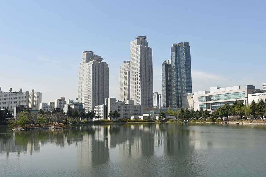 lake, cbd, building, building exterior, office building exterior HD wallpaper