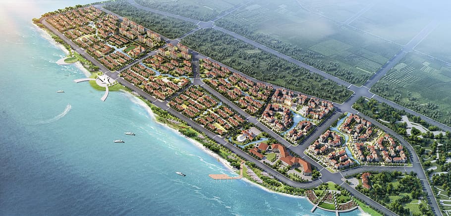 plan, small town, coast, water, aerial view, nature, architecture HD wallpaper