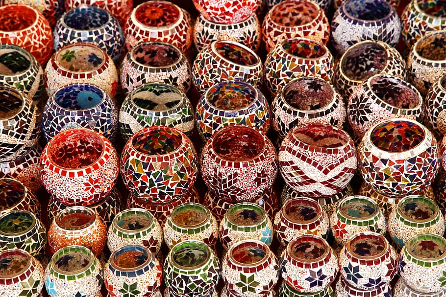 ceramic jar lot, art, asian, background, bright, candle, colored, HD wallpaper