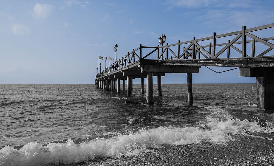 Jetty, Color, Monochrome, Clouds, blue, sky, sea, beach, waves HD wallpaper