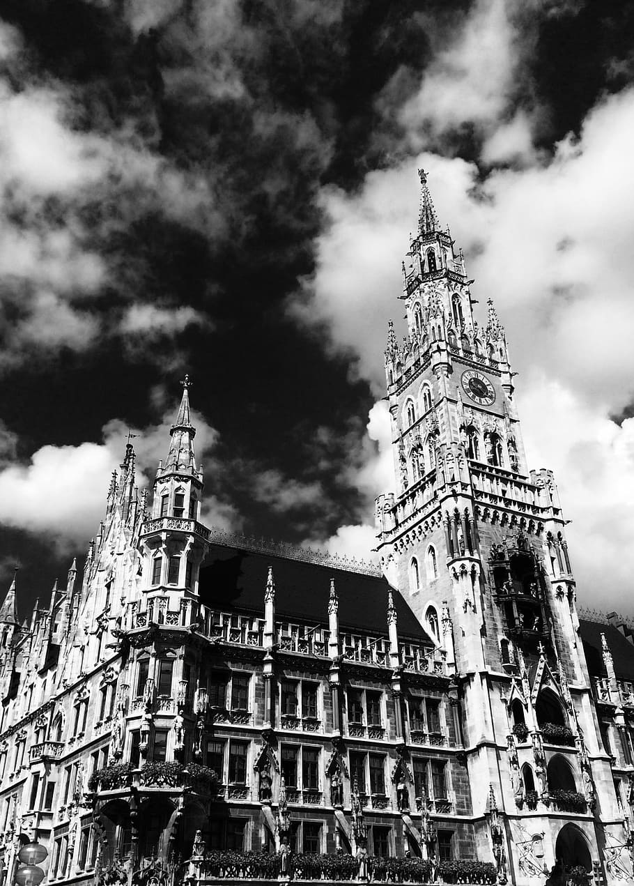 town hall, munich, marienplatz, landmark, europe, germany, black And White, HD wallpaper