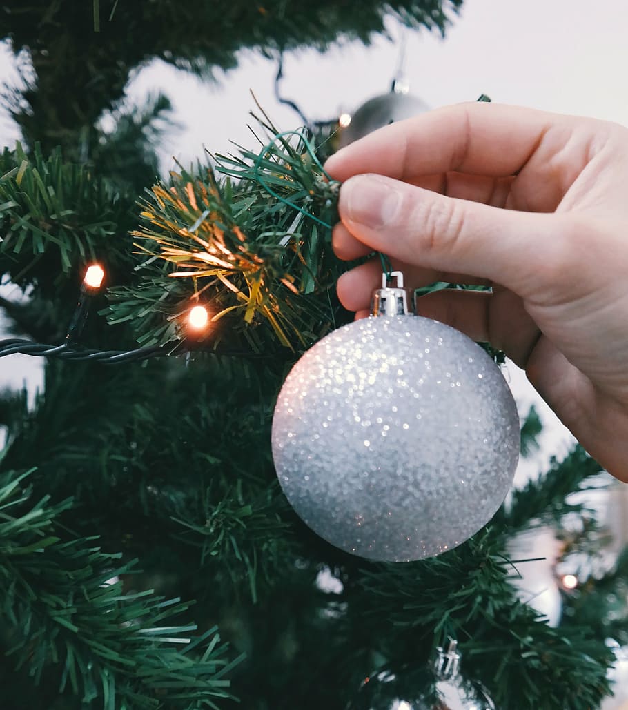 gray glitter baubles, person, holding, grey, beside, green HD wallpaper