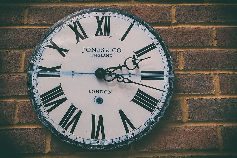 Image of a faded retro-style clock against a brick wall background, HD wallpaper