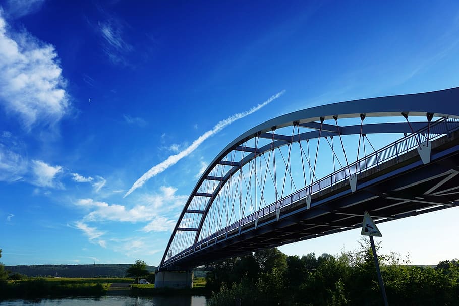 sky, moon, main, bridge, half moon, clouds, water, summer, sulzbach HD wallpaper