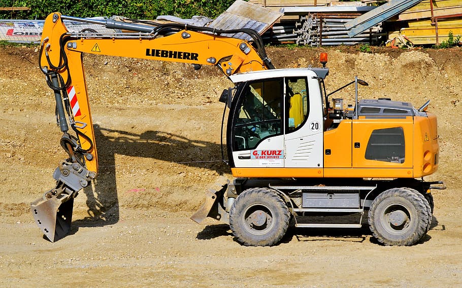 yellow and white excavator, excavators, construction machine HD wallpaper