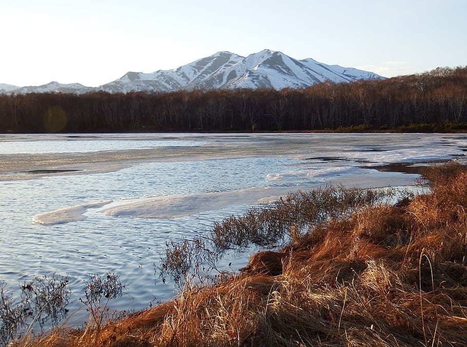 spring, lake, ice, mountains, sky, clouds, nature, trees, landscape HD wallpaper