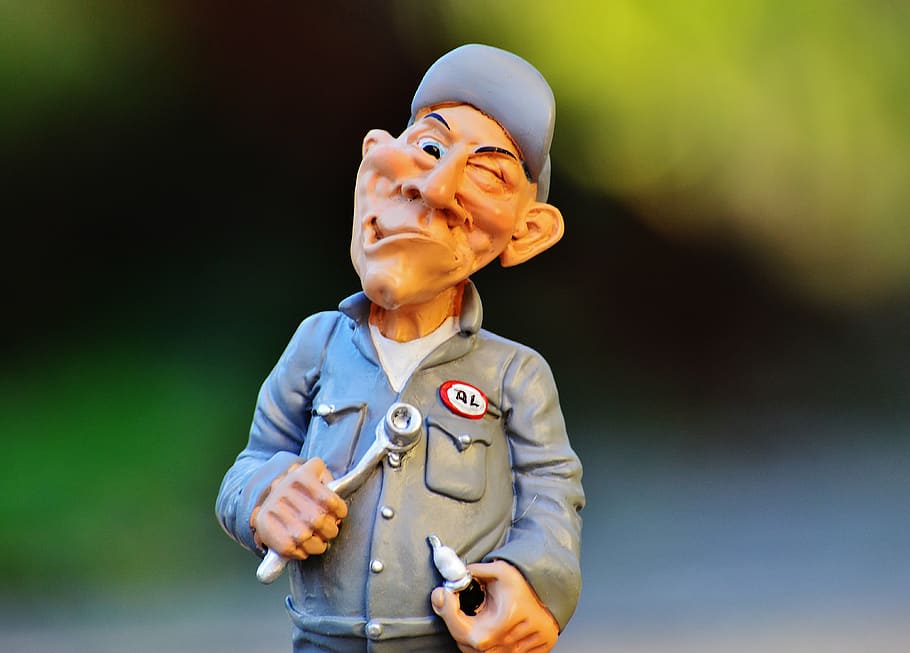 mechanic toy close-up photography, figure, funny, man, wrench HD wallpaper