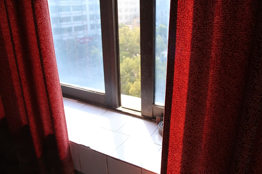 Curtains, Window, Balcony, red, indoors, no people, day, textile HD wallpaper